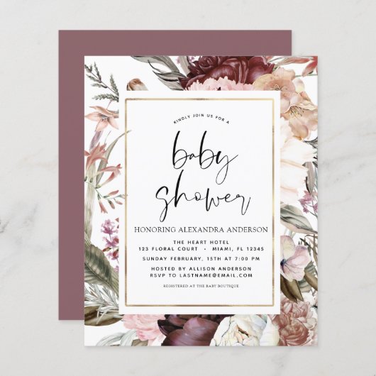Papier Budget Boho Dusty Pink Burgundy Baby shower (Devant / Derrière)