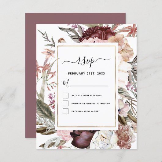 Papier Budget Boho Dusty Rose Bourgogne Mariage RSVP (Devant / Derrière)