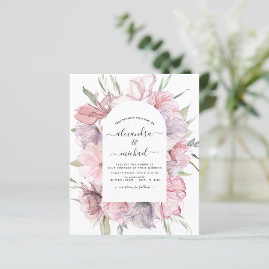 Papier Budget Boho Dusty rose violet Faire-part de mariag (Debout devant)