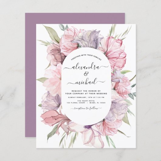 Papier Budget Boho Dusty rose violet Faire-part de mariag (Devant / Derrière)
