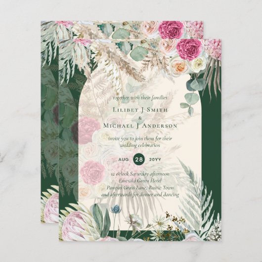 Papier BUDGET BOHO Emerald Green BOHO Floral rose Mariage (Devant / Derrière)