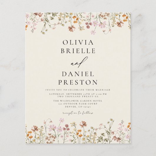 Papier Budget Boho Fleur sauvage Garden Invitation de mar (Devant)