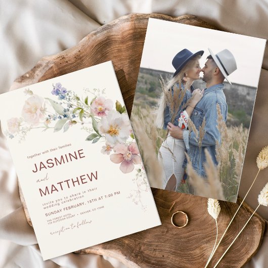 Papier Budget Boho Fleur sauvage Mariage Photo Invitation