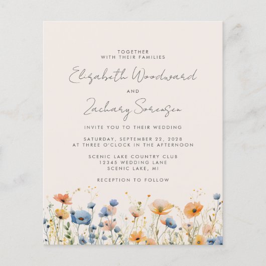 Papier Budget Boho Fleur sauvage Orange Blue Wedding Invi (Devant)