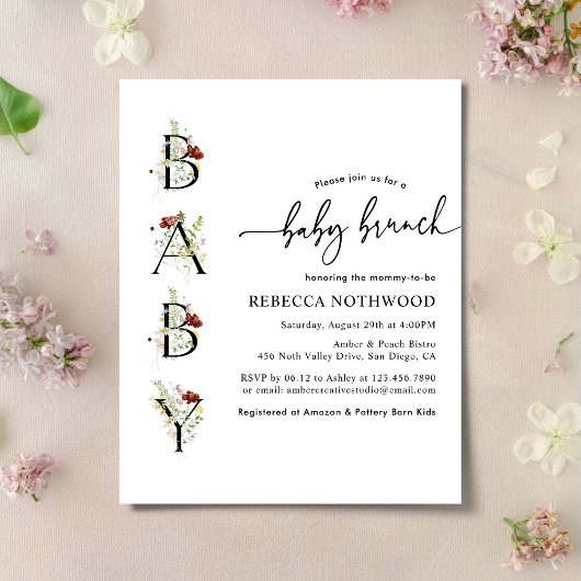 Papier Budget Boho Fleurs sauvages Baby Brunch Invitation
