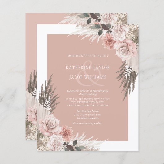 Papier Budget Boho Floral Blush Pink Faire-part de mariag (Devant / Derrière)