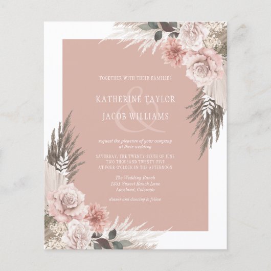 Papier Budget Boho Floral Blush Pink Faire-part de mariag (Devant)