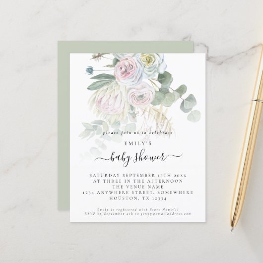 Papier Budget Boho Floral Eucalyptus Baby shower Invitati (Devant/Arrière en situation)