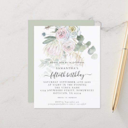 Papier Budget Boho Floral Eucalyptus Invitation de 50e an (Devant/Arrière en situation)