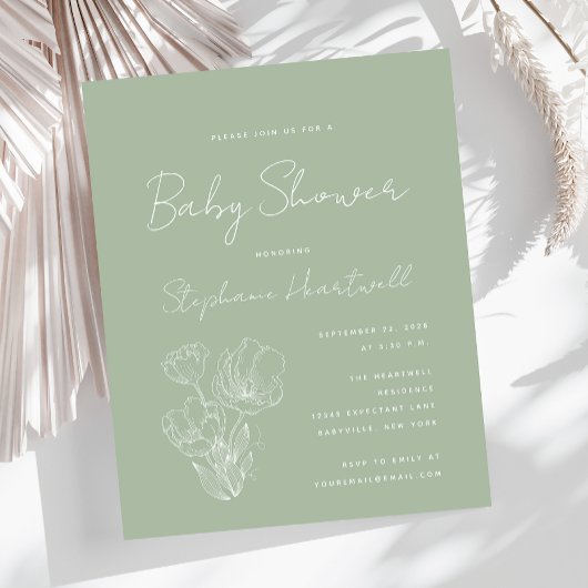 Papier Budget Boho Floral Sage Green Baby shower Invitati