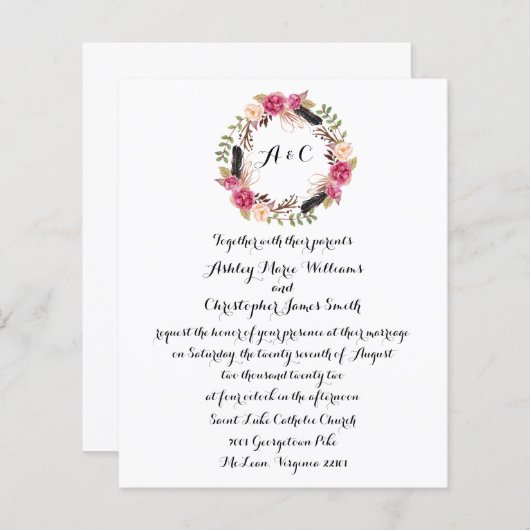 Papier Budget Boho Floral Wedding Invite Greenery (Devant / Derrière)