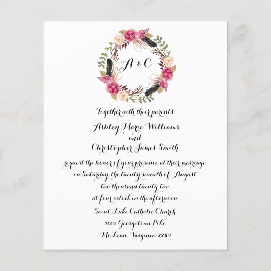 Papier Budget Boho Floral Wedding Invite Greenery (Devant)