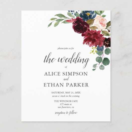 Papier Budget Boho Garden Burgundy Blue Flowers Mariage (Devant)