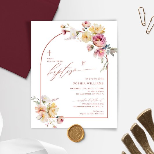 Papier Budget Boho Garden Rose Fleurs Baptême Invitation