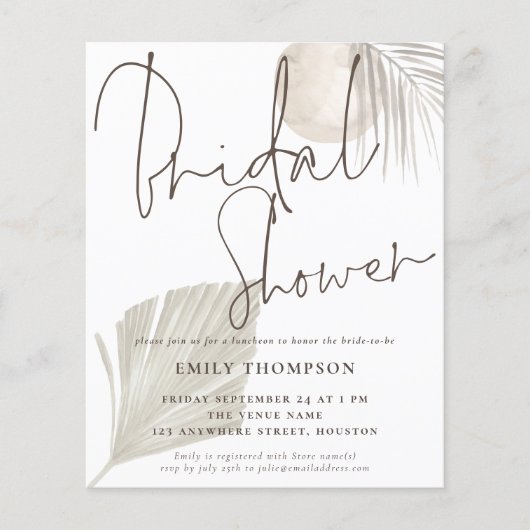 Papier Budget Boho Grass Beige Douche nuptiale Invitation (Devant)