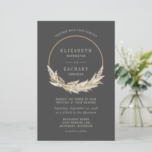 Papier Budget Boho Hoop Pampas Grass Dark Wedk Invite (Debout devant)