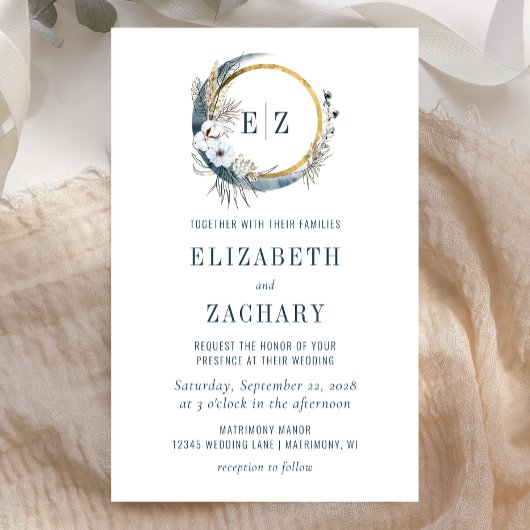 Papier Budget Boho Moon bleu Monogramme Faire-part de mar