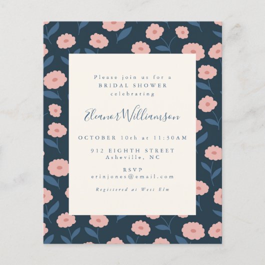 Papier Budget Boho Navy Flowers Invitation Fête des marié (Devant)