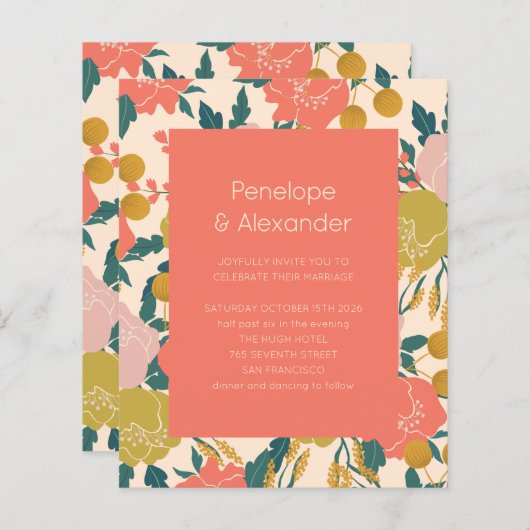 Papier Budget Boho Orange Botanique Faire-part de mariage (Devant / Derrière)