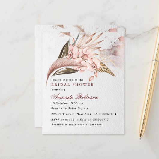 Papier Budget Boho Orchid Pampas Invitation de la douche  (Devant/Arrière en situation)