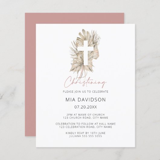 Papier Budget Boho Palm rose Floral Christening Invitatio (Devant / Derrière)
