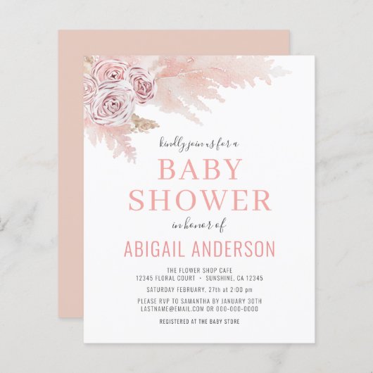 Papier Budget Boho Pampas Baby shower en herbe Invitation (Devant / Derrière)