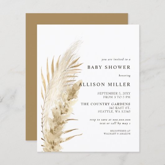 Papier Budget Boho Pampas Baby shower Invitation (Devant / Derrière)