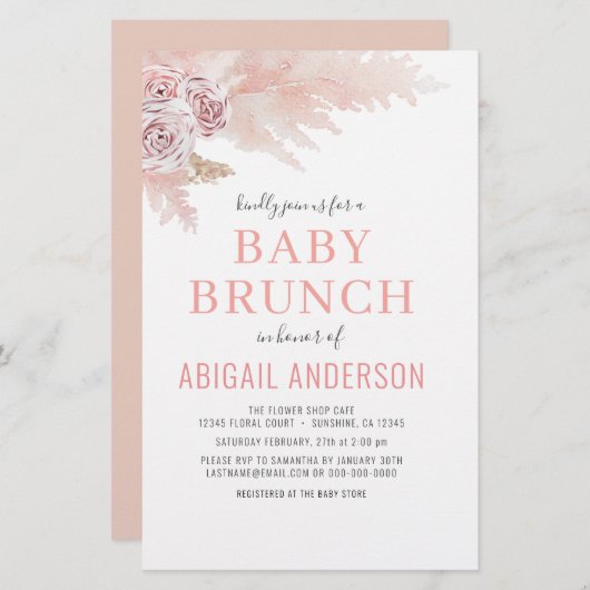 Papier Budget Boho Pampas Grass Baby Brunch Invitation (Devant / Derrière)
