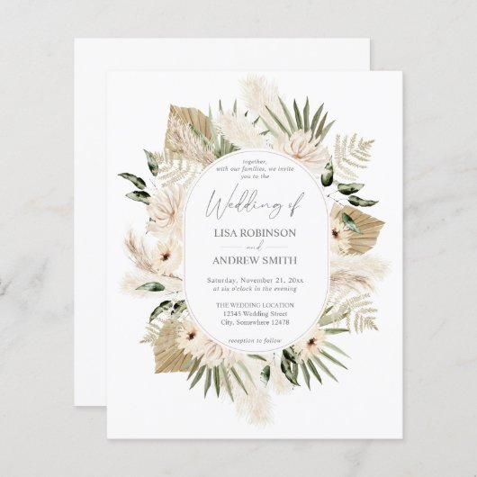 Papier Budget Boho Pampas Grass & Beige Floral Mariage (Devant / Derrière)