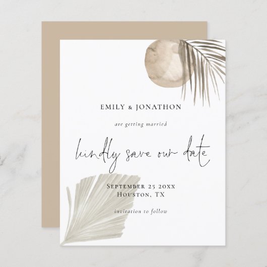 Papier Budget Boho Pampas Grass Script Enregistrer la dat (Devant / Derrière)