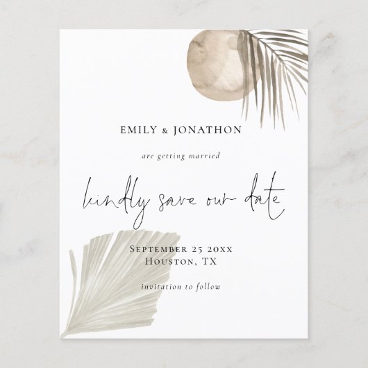 Papier Budget Boho Pampas Grass Script Enregistrer la dat (Devant)