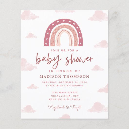 Papier Budget Boho Pastel Pink Rainbow Clouds Baby shower (Devant)