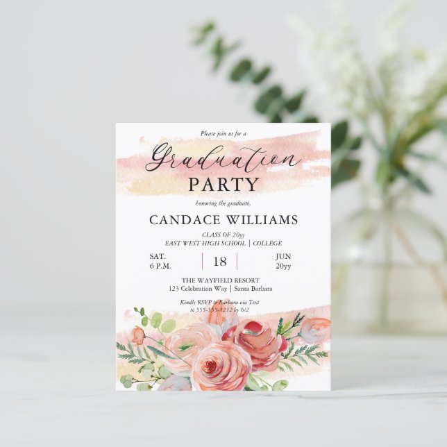 Papier BUDGET Boho Peach Floral Grad Party Invitation (Debout devant)