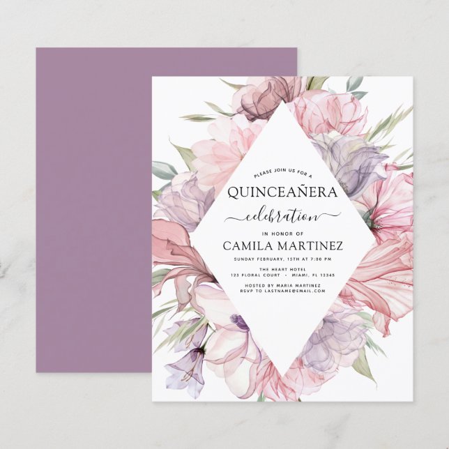Papier Budget Boho Purple Quinceañera Dusty rose Floral (Devant / Derrière)