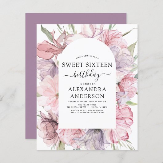 Papier Budget Boho Purple Sweet 16 Anniversaire Floral (Devant / Derrière)