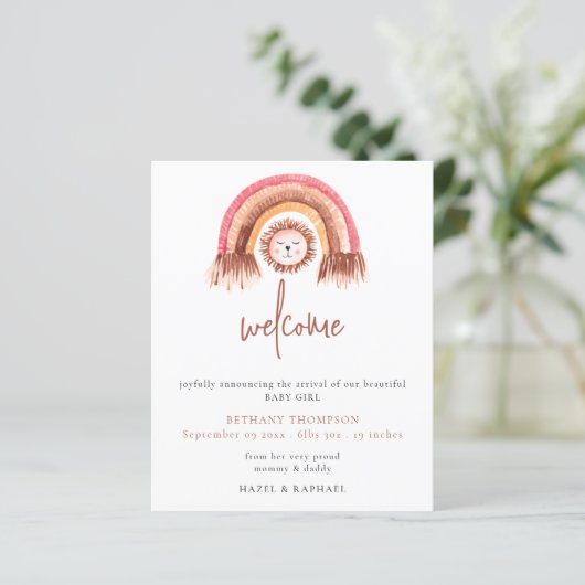 Papier Budget Boho Rainbow Lion Faire-part de naissance (Debout devant)