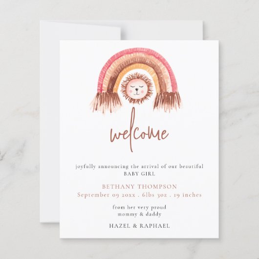 Papier Budget Boho Rainbow Lion Faire-part de naissance (Devant)