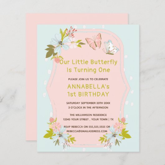 Papier Budget Boho rose papillon 1er fête d'anniversaire (Devant / Derrière)