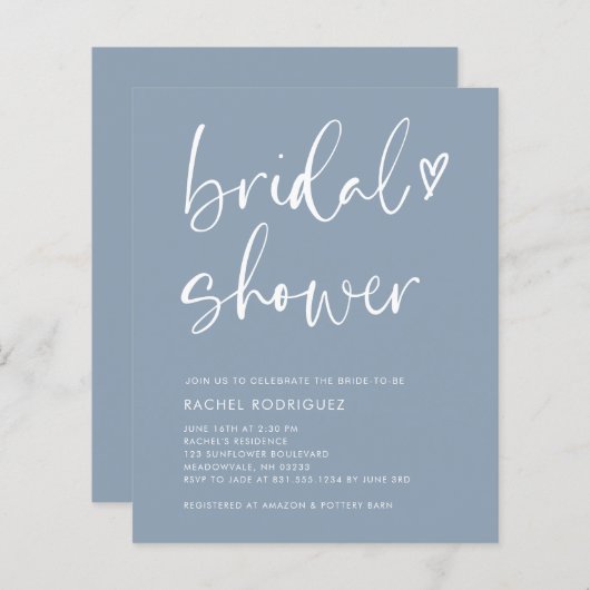 Papier Budget Boho Script Dusty Blue Fête des mariées Inv (Devant / Derrière)