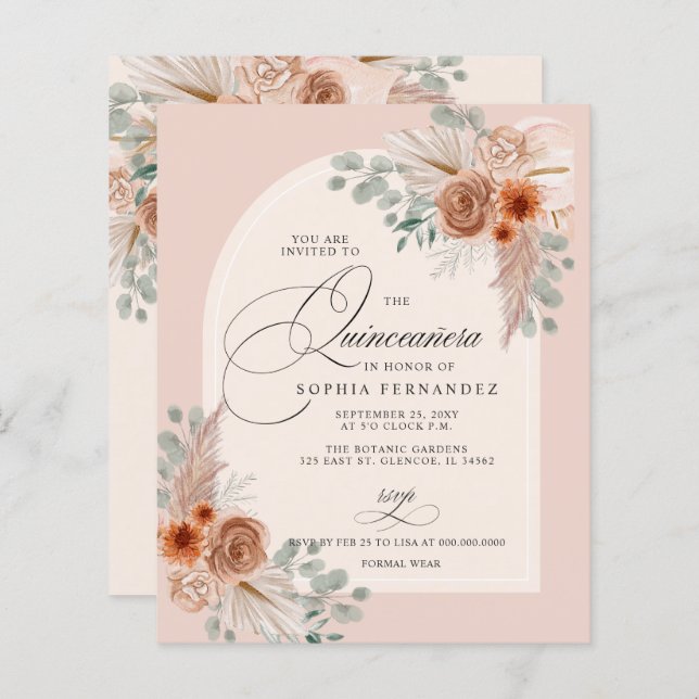 Papier Budget Boho Terracotta Pampas Quinceanera Invitati (Devant / Derrière)