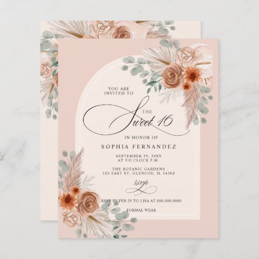 Papier Budget Boho Terracotta Pampas Sweet 16 Invitation (Devant / Derrière)