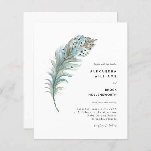 Papier Budget Boho Turquoise Plumes bleu Mariage minimal (Devant / Derrière)