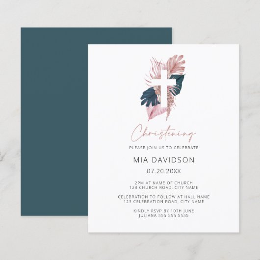 Papier Budget Boho Watercolor Floral Christening Invitati (Devant / Derrière)