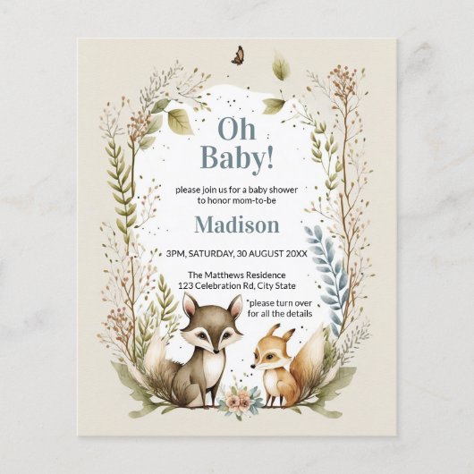 Papier Budget Bois Animaux Garçon Baby shower Invitation (Devant)