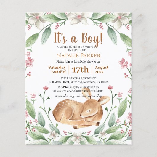 Papier Budget Bois Bois Deer Sage Baby shower floral (Devant)