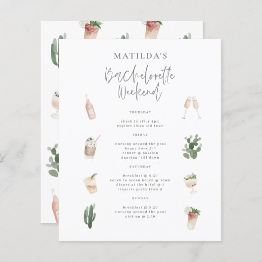 Papier budget boissons aquarelle week-end bachelorette (Devant / Derrière)