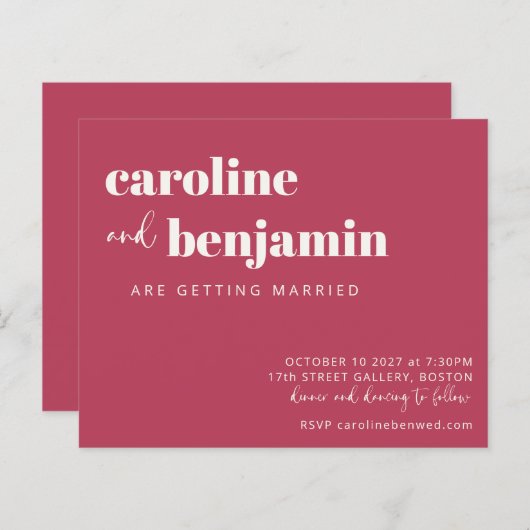 Papier Budget Bold Magenta Faire-part de mariage moderne (Devant / Derrière)