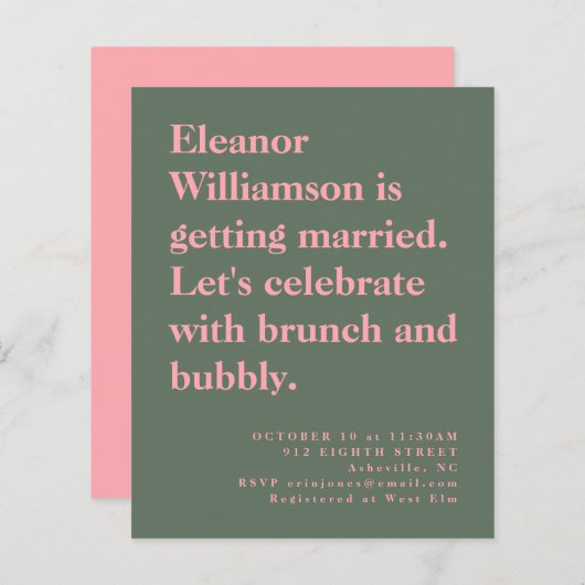 Papier Budget Bold rose et vert Invitation de brunch nupt (Devant / Derrière)