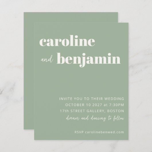 Papier Budget Bold Sage Vert Faire-part de mariage modern (Devant / Derrière)