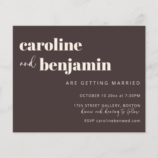Papier Budget Bold Warm Brown Chic Modern Wedding Invite (Devant)